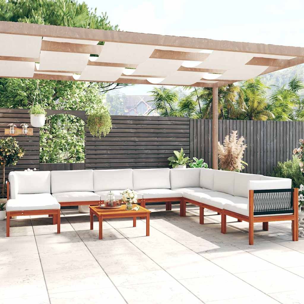 Set da giardino 9 pezzi con cuscini in legno crema, acacia e corda vidaXL