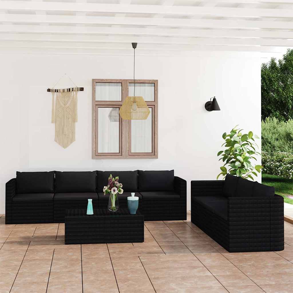 Set Divani da Giardino 8 pz con Cuscini in Polyrattan Nero vidaXL