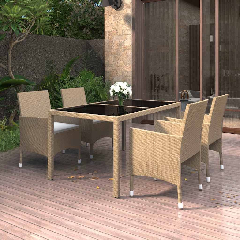 Set da Pranzo Giardino 5 pz Polyrattan e Vetro Temperato Beige vidaXL