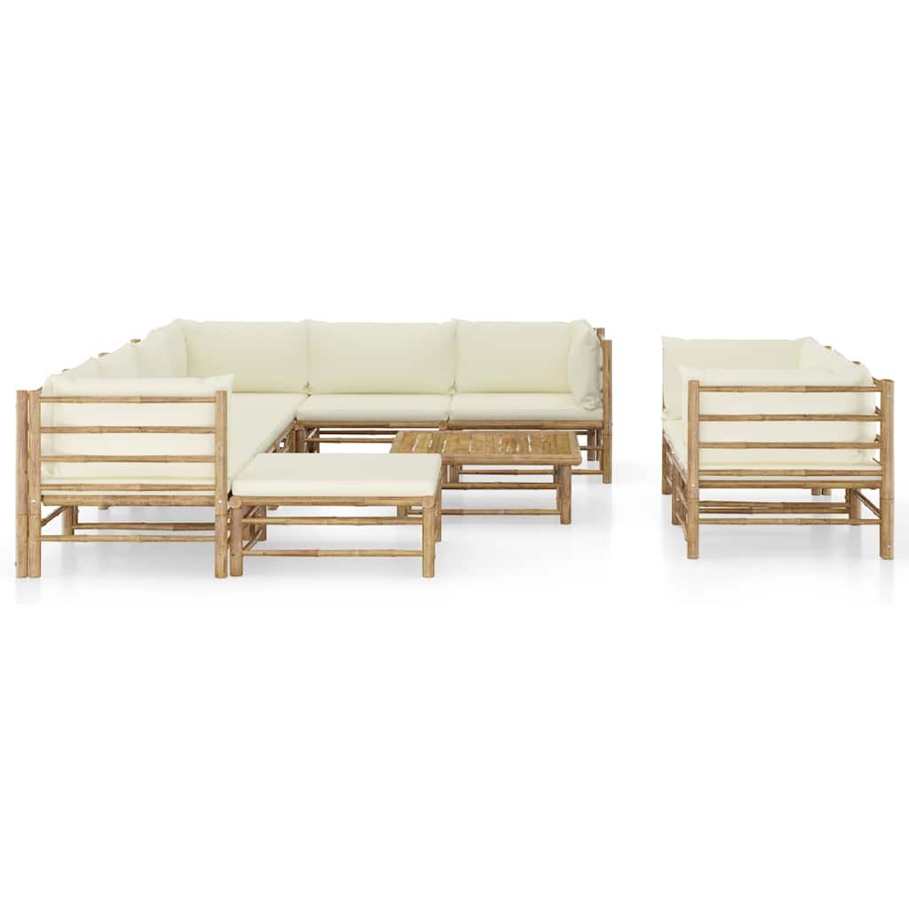 Set Salotto da Giardino 10pz con Cuscini Bianco Crema in Bambù vidaXL