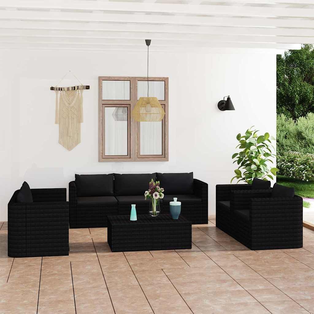 Set Divani da Giardino 9 pz con Cuscini in Polyrattan Nero vidaXL