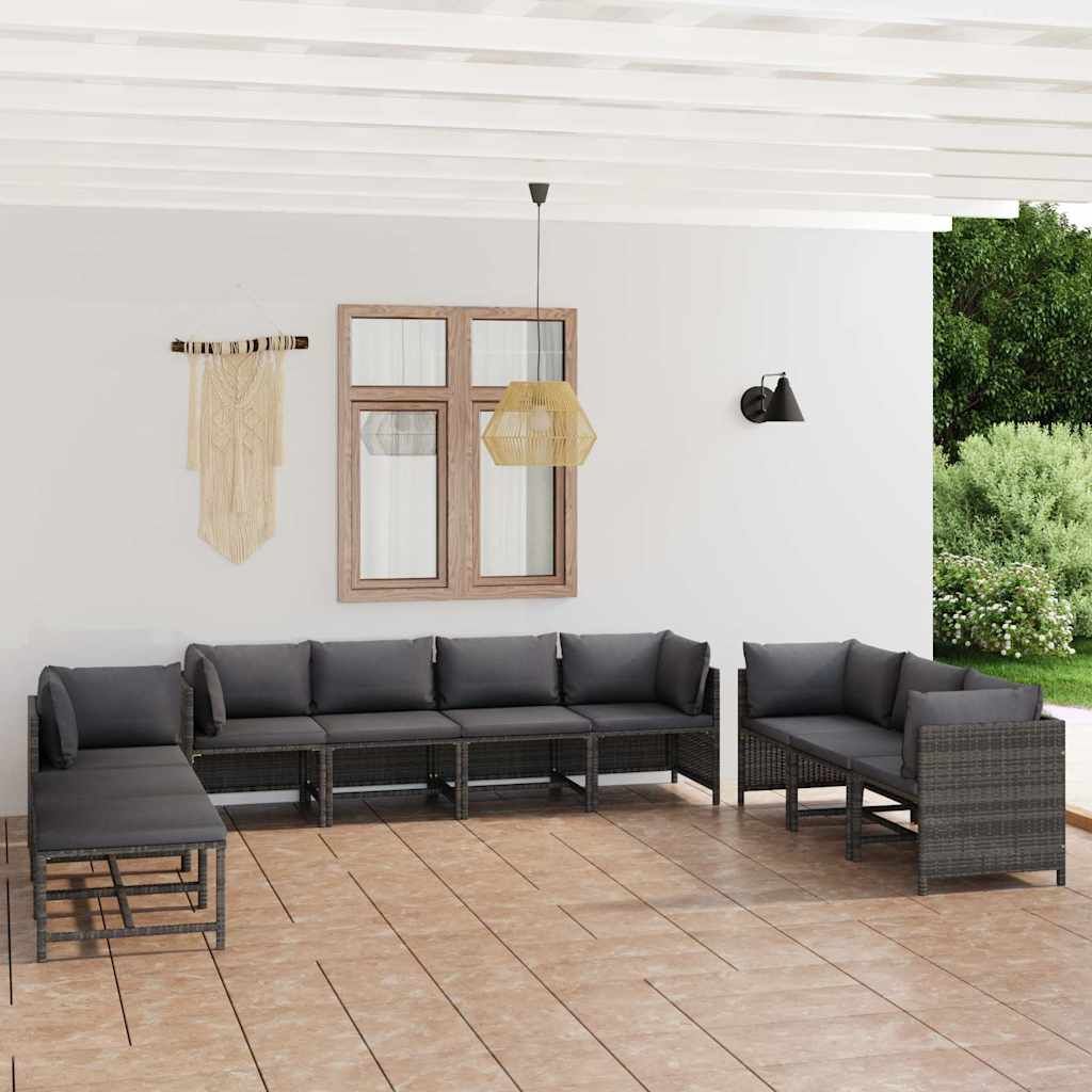Set Divani da Giardino 10 pz con Cuscini in Polyrattan Grigio vidaXL