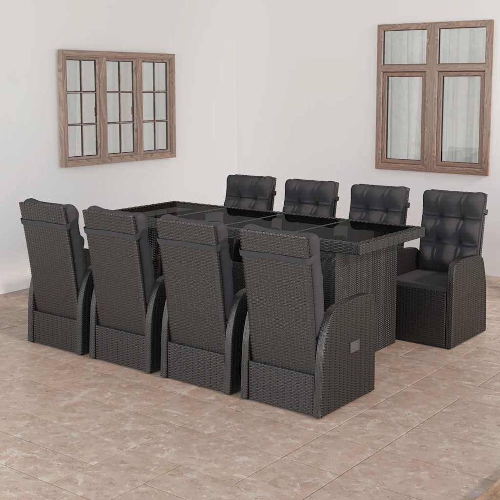 Set da Pranzo da Giardino 9 pz con Cuscini in Polyrattan Nero vidaXL