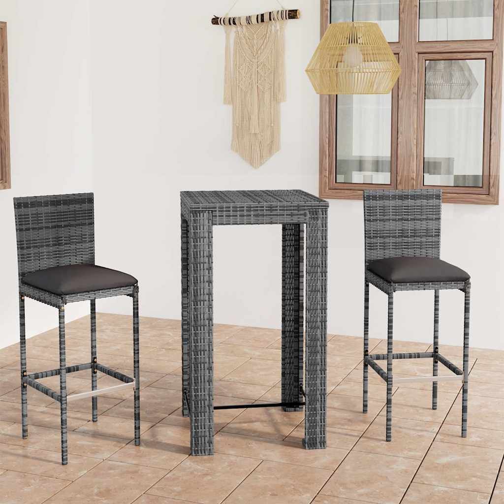 Set Bar da Giardino 3 pz con Cuscini in Polyrattan Grigio vidaXL