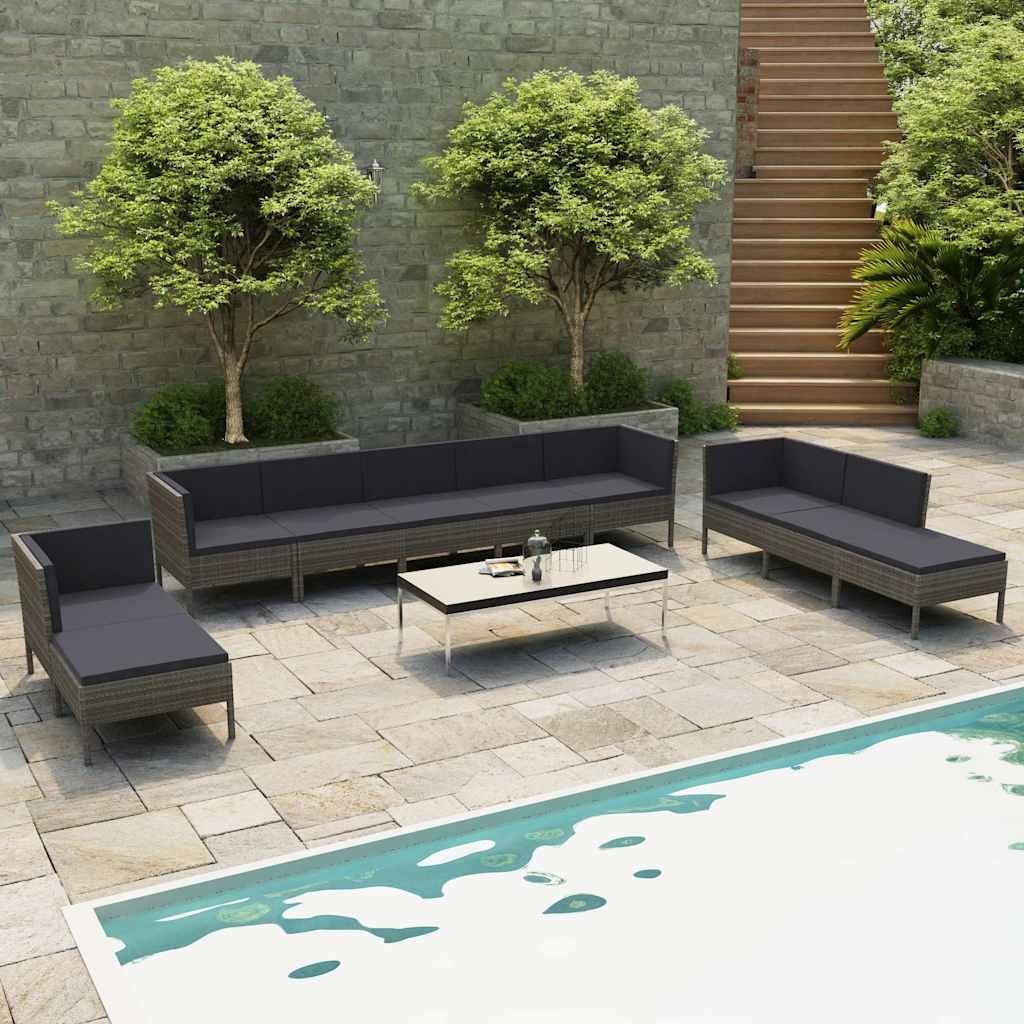 Set Divani da Giardino 10 pz con Cuscini in Polyrattan Grigio vidaXL