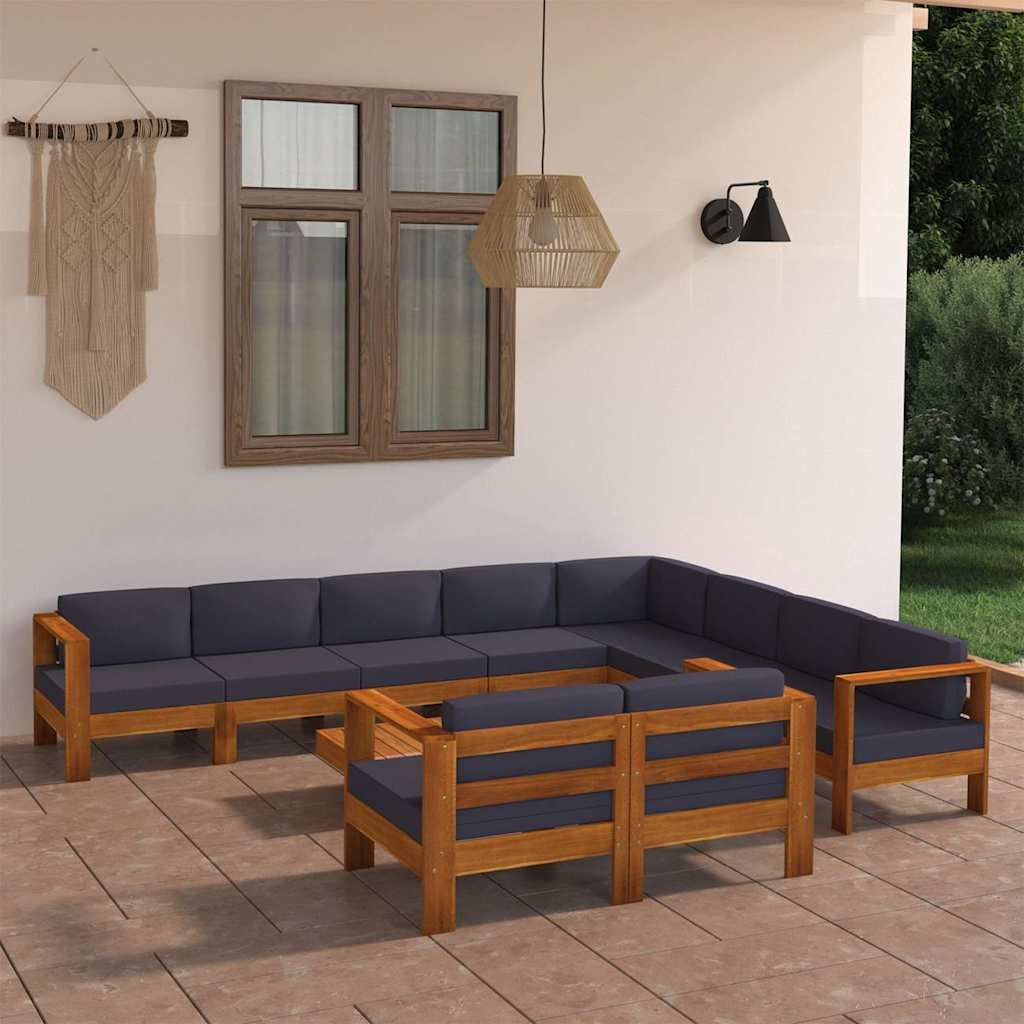 Set Divani Giardino 10Posti Cuscini Grigi Scuro Massello Acacia vidaXL