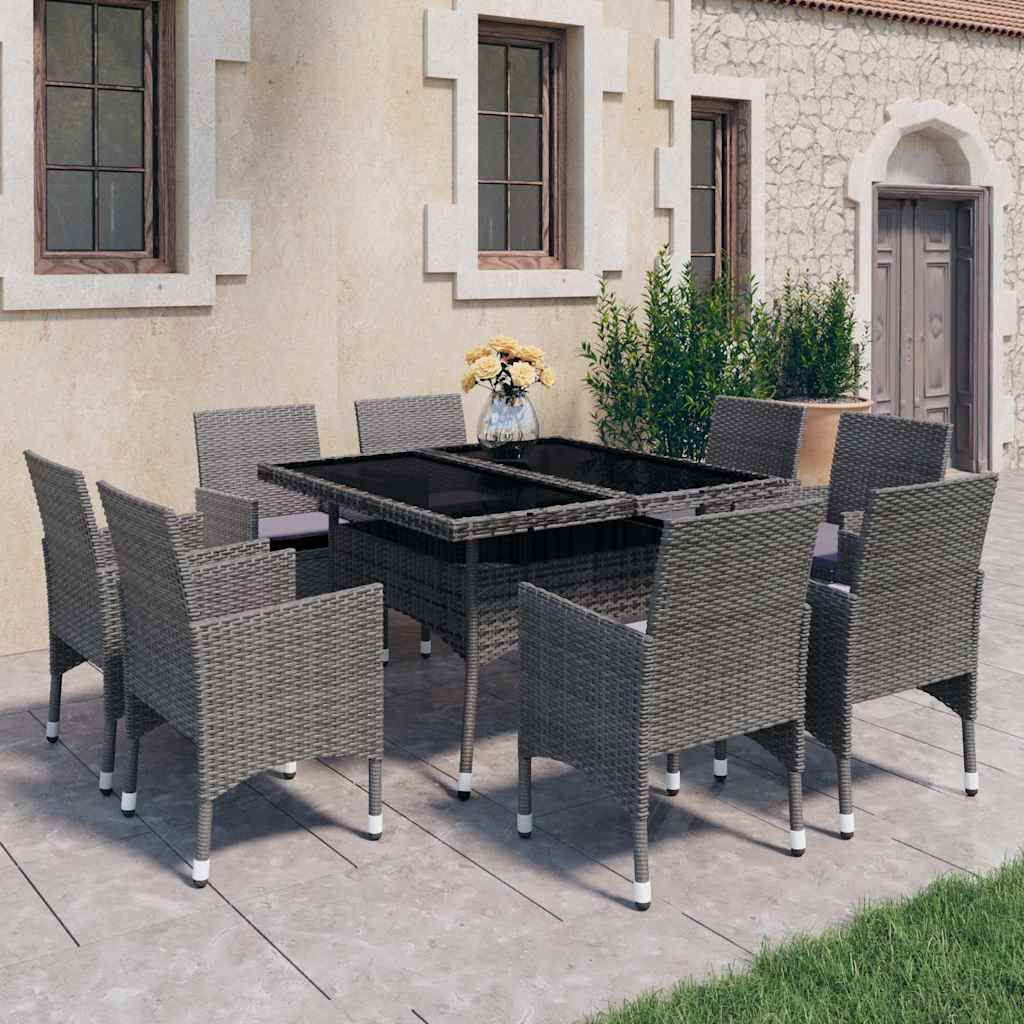 Set Mobili da Pranzo per Giardino 9pz Polyrattan e Vetro Grigio vidaXL