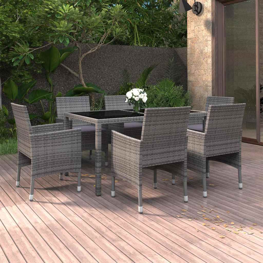 Set da Pranzo Giardino 7 pz Polyrattan e Vetro Temperato Grigio vidaXL