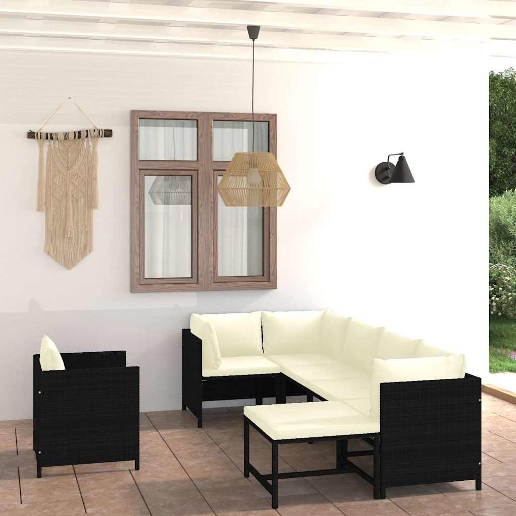 Set Divani da Giardino 7 pz con Cuscini in Polyrattan Nero vidaXL