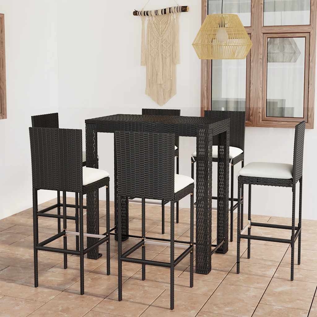 Set Bar da Giardino 7 pz con Cuscini in Polyrattan Nero vidaXL