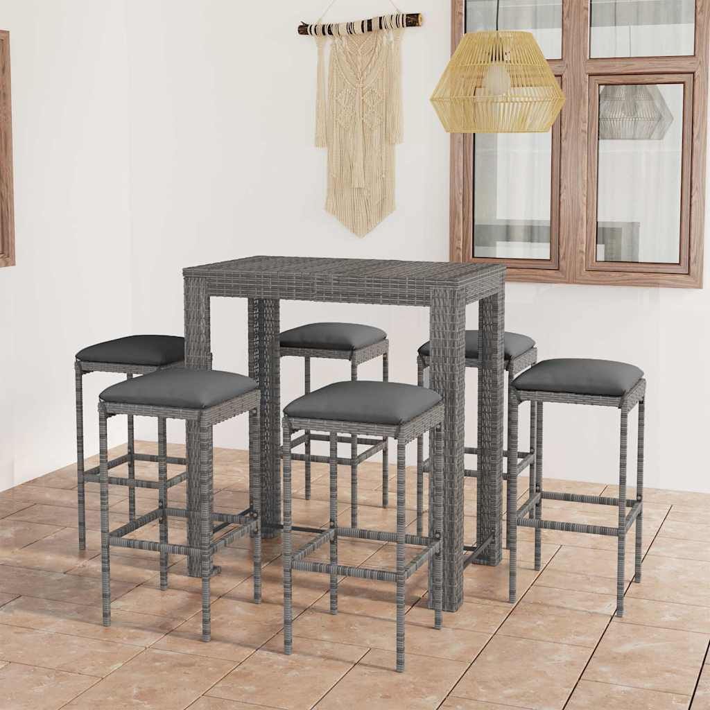 Set da Bar da Giardino 7 pz con Cuscini in Polyrattan Grigio vidaXL