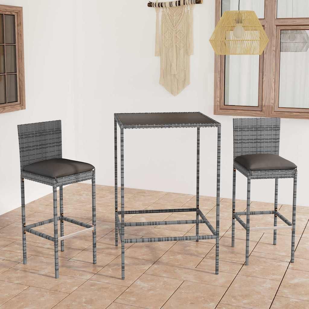 Set da Bar da Giardino 3 pz con Cuscini in Polyrattan Grigio vidaXL