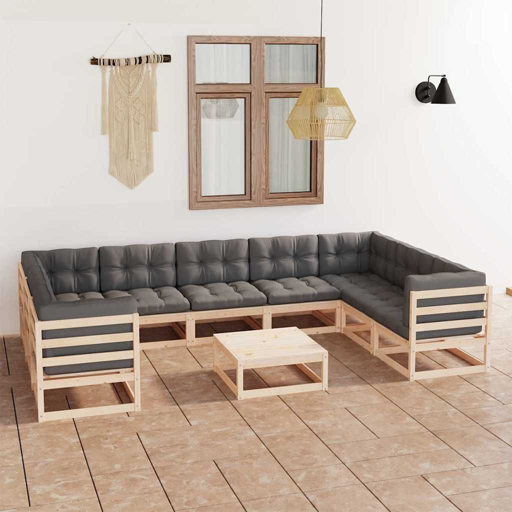 Set Salotto Giardino 10pz Cuscini Antracite Legno Massello Pino vidaXL