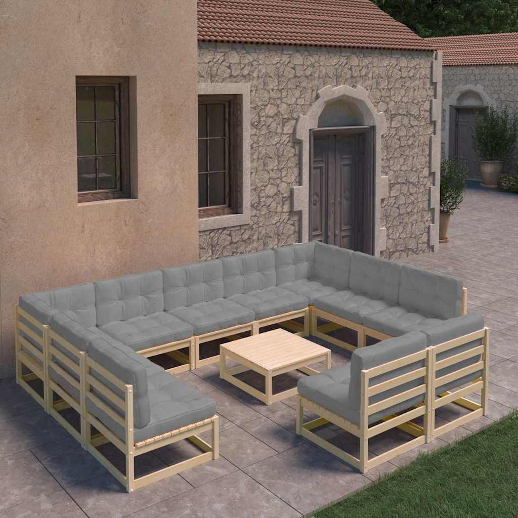 Set Divani Giardino 12 pz con Cuscini in Legno Massello di Pino vidaXL