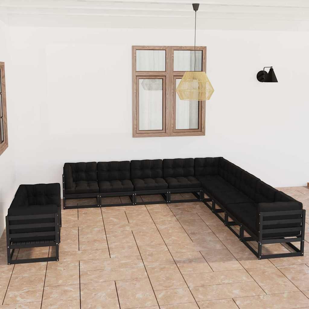 Set Divani da Giardino 11 pz con Cuscini Massello di Pino Nero vidaXL