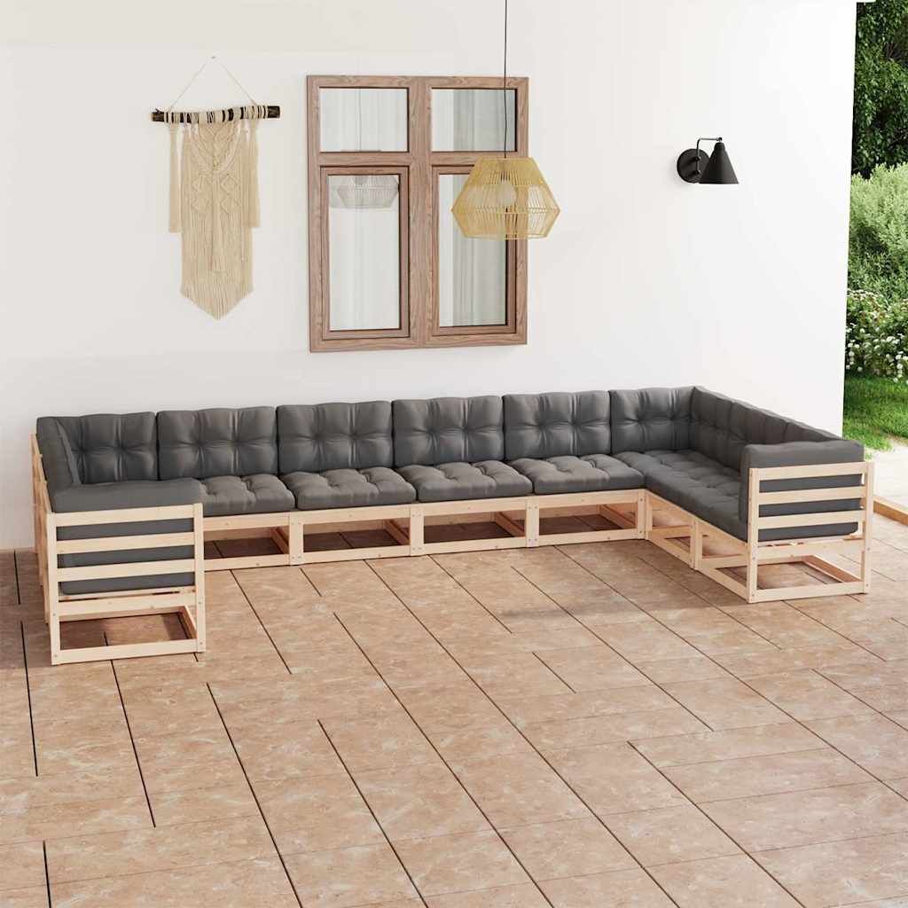 Set Salotto Giardino 10pz Cuscini Antracite Legno Massello Pino vidaXL