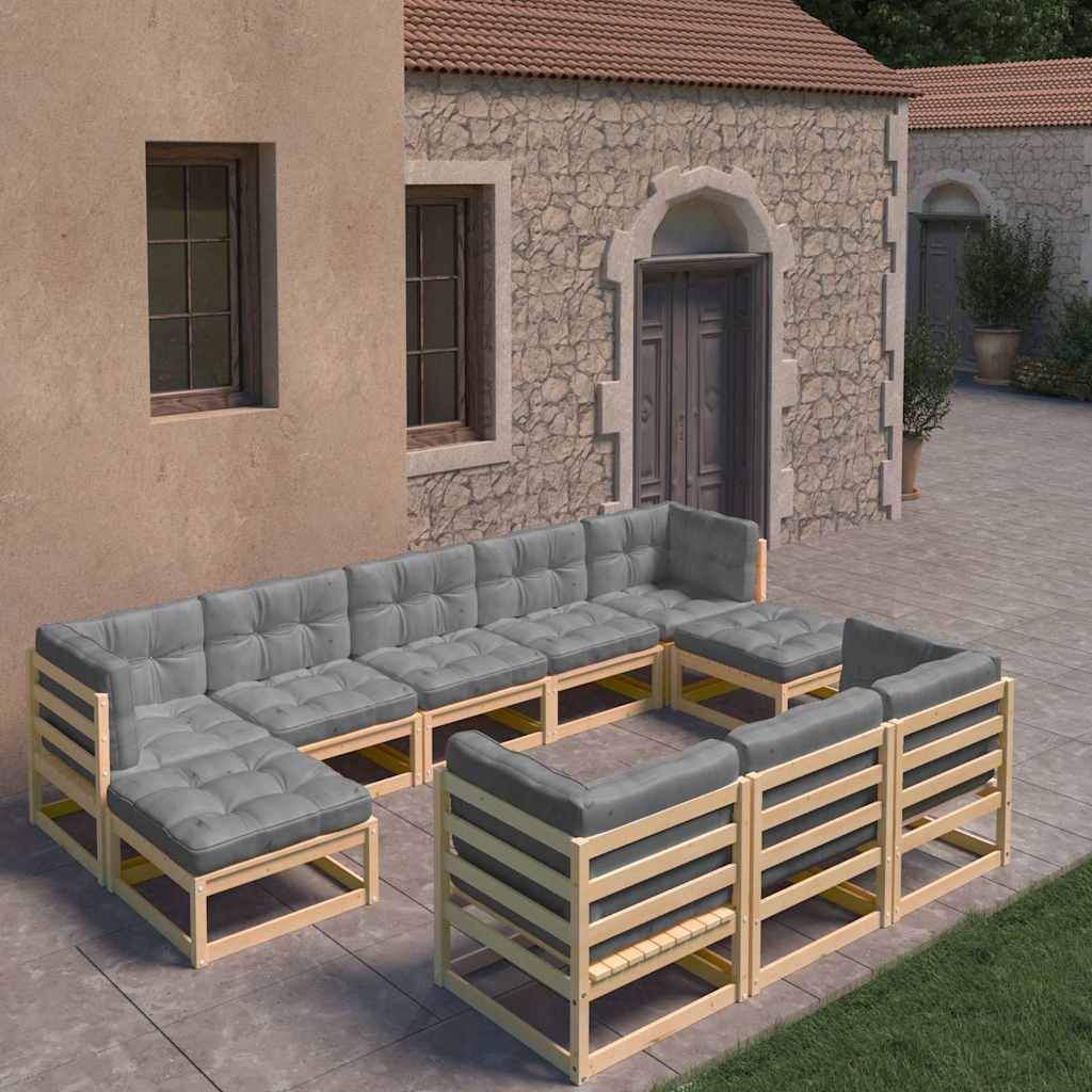 Set Salotto Giardino 10pz Cuscini Antracite Legno Massello Pino vidaXL