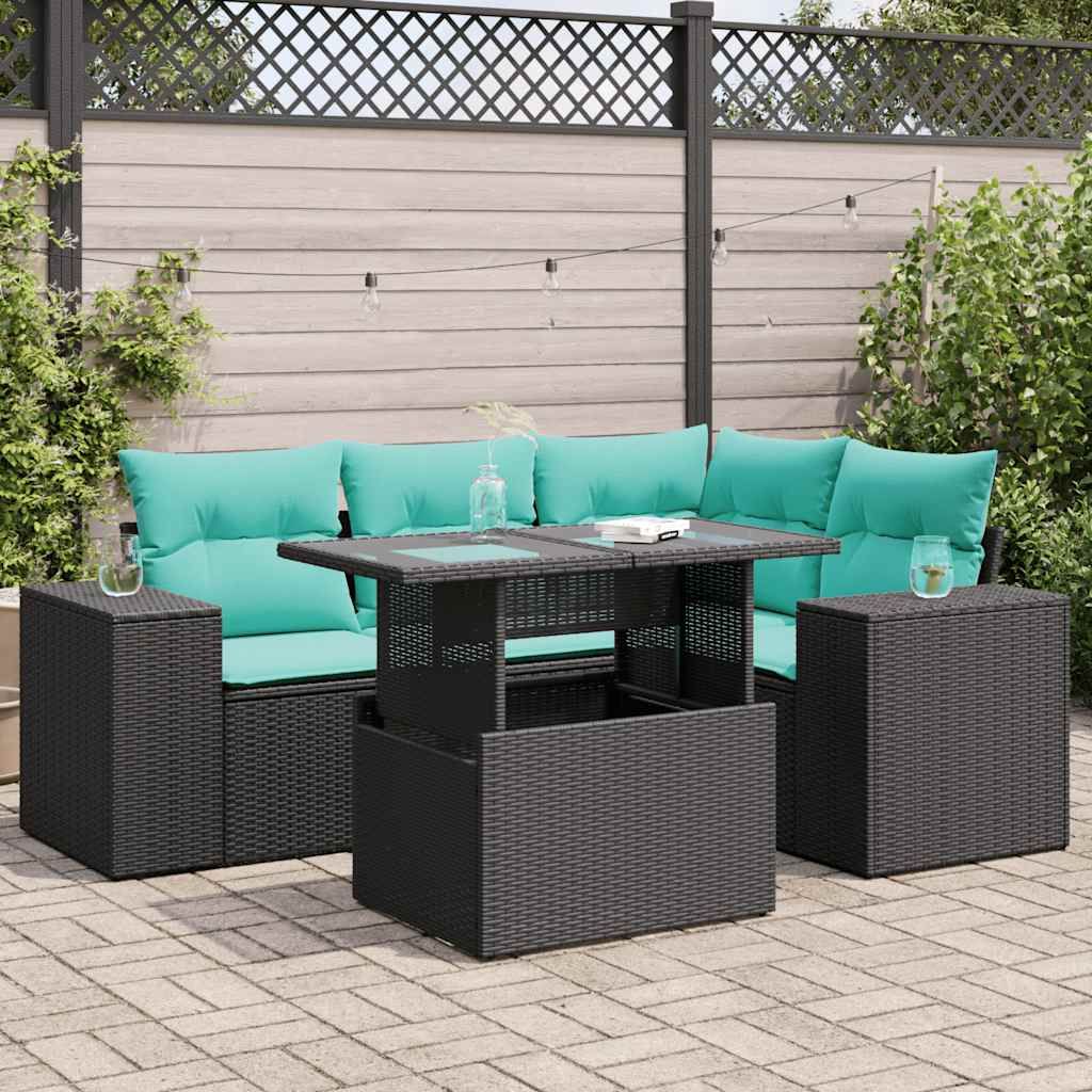 Set Divano da Giardino 5 pz con Cuscini Nero Polyrattan Acacia vidaXL