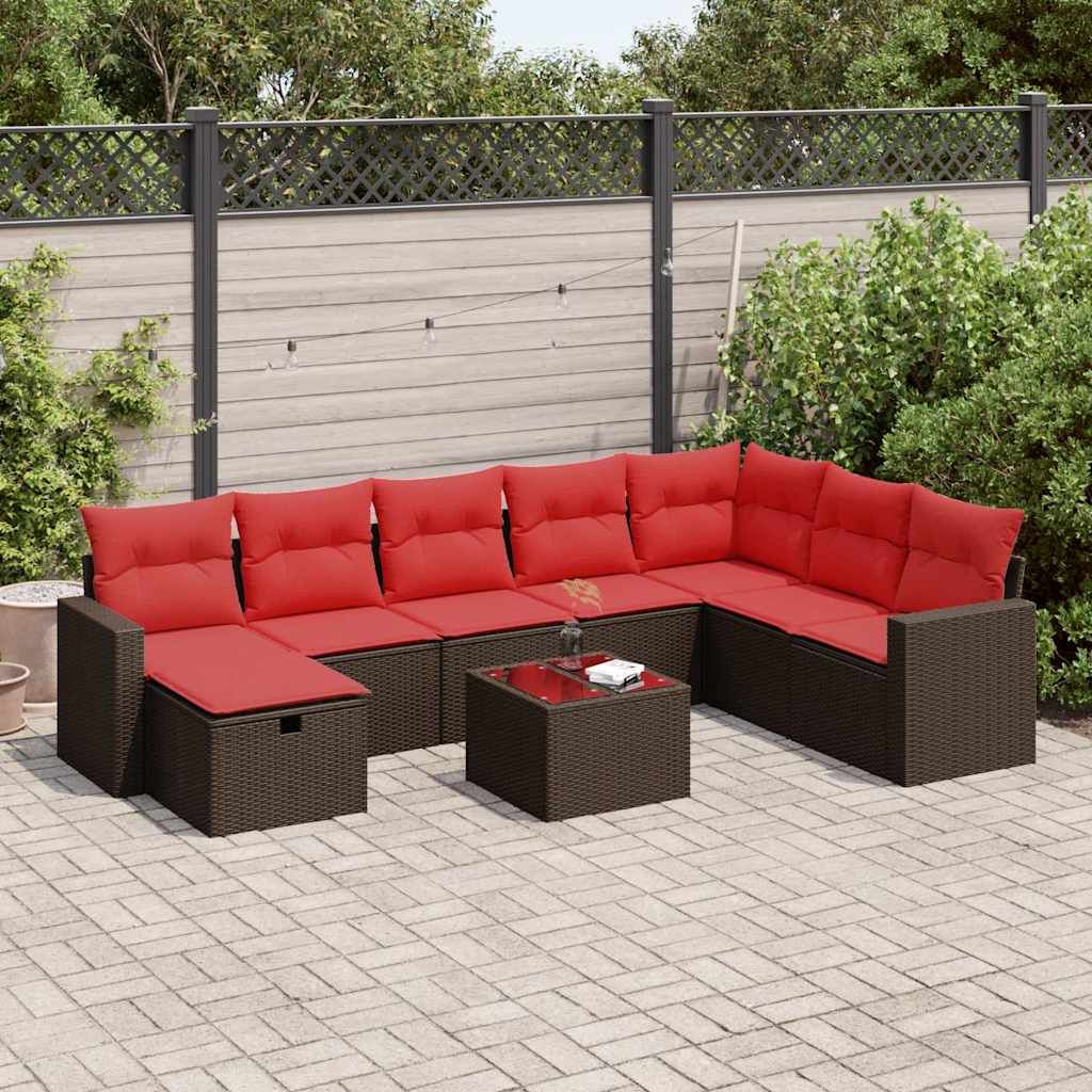 Set Divani da Giardino 9pz con Cuscini Marrone in Polyrattan vidaXL