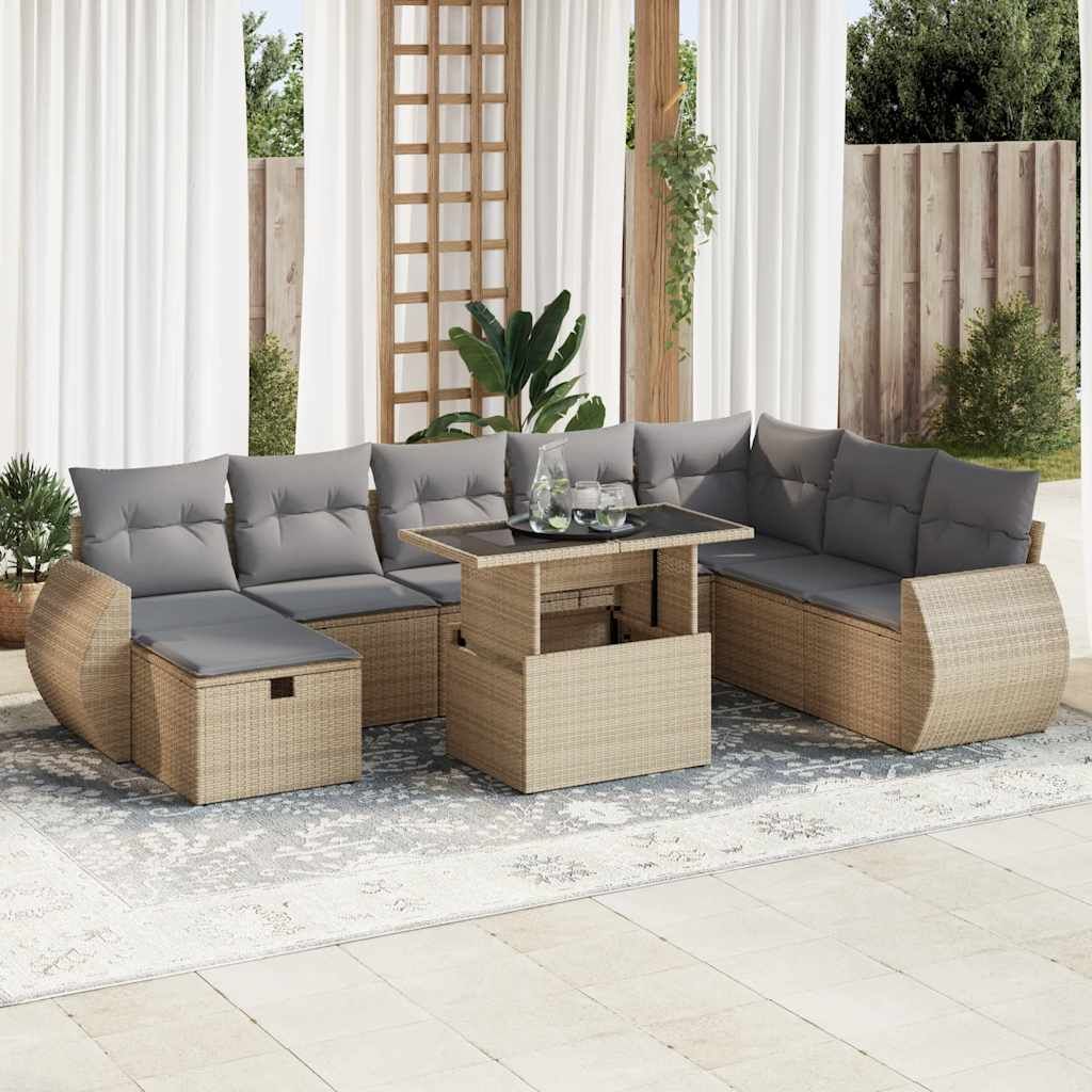 Set Divano da Giardino 9 pz con Cuscini Beige in Polyrattan vidaXL