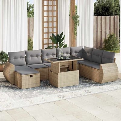 Set Divano da Giardino 9 pz con Cuscini Beige in Polyrattan vidaXL
