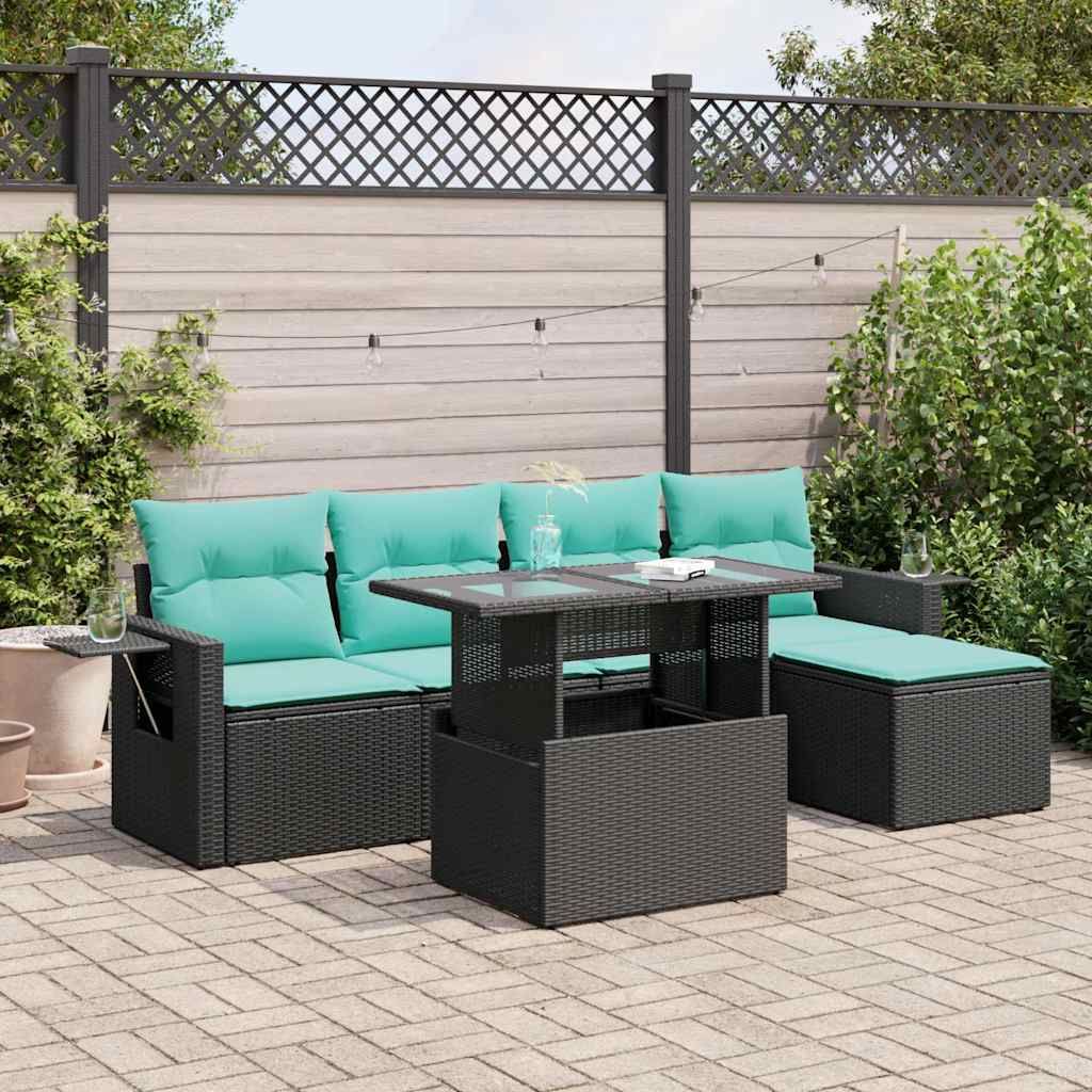 Set Divano Giardino 6 pz con Cuscini Nero Polyrattan Acacia vidaXL
