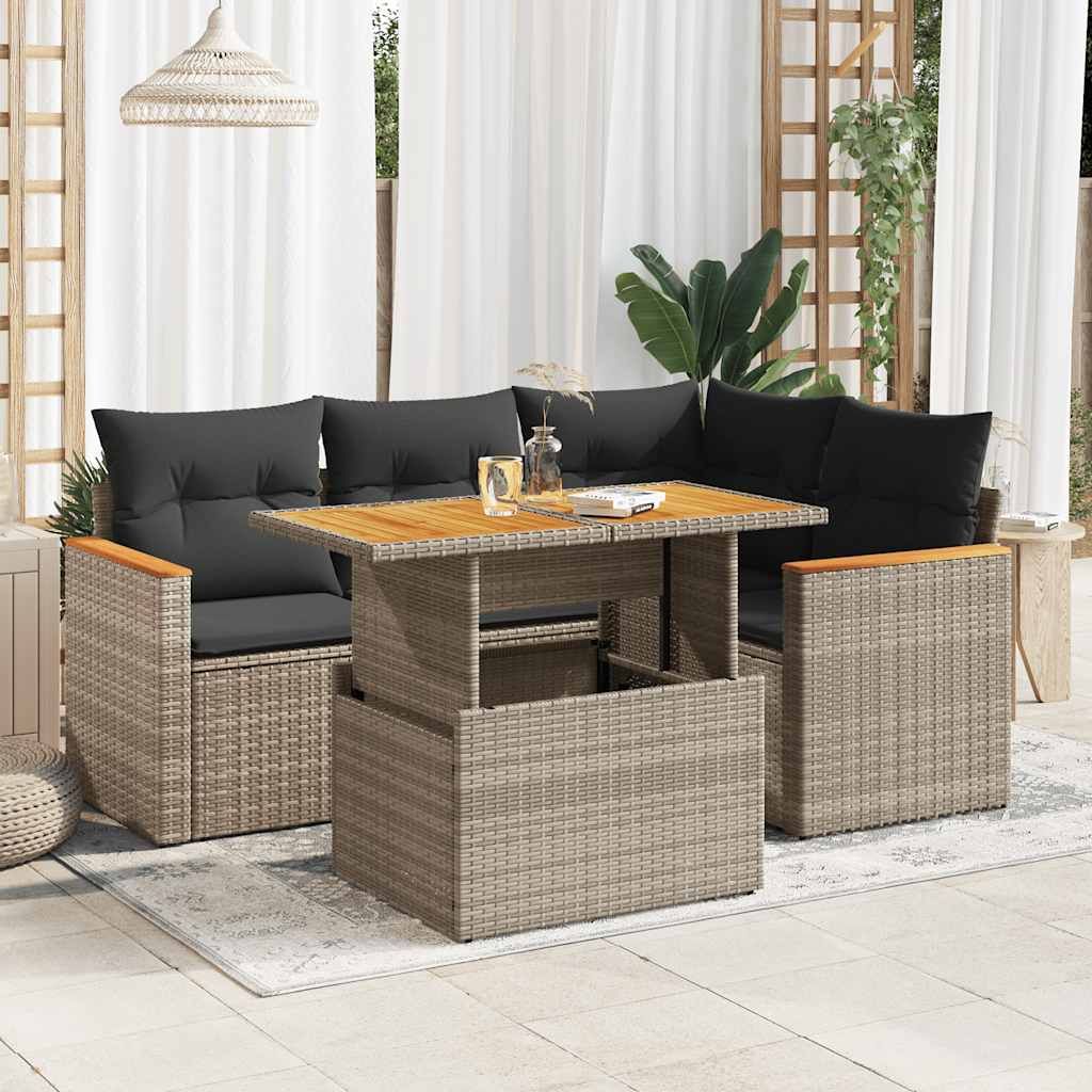 Set Divano Giardino 5 pz con Cuscini Grigio Polyrattan Acacia vidaXL