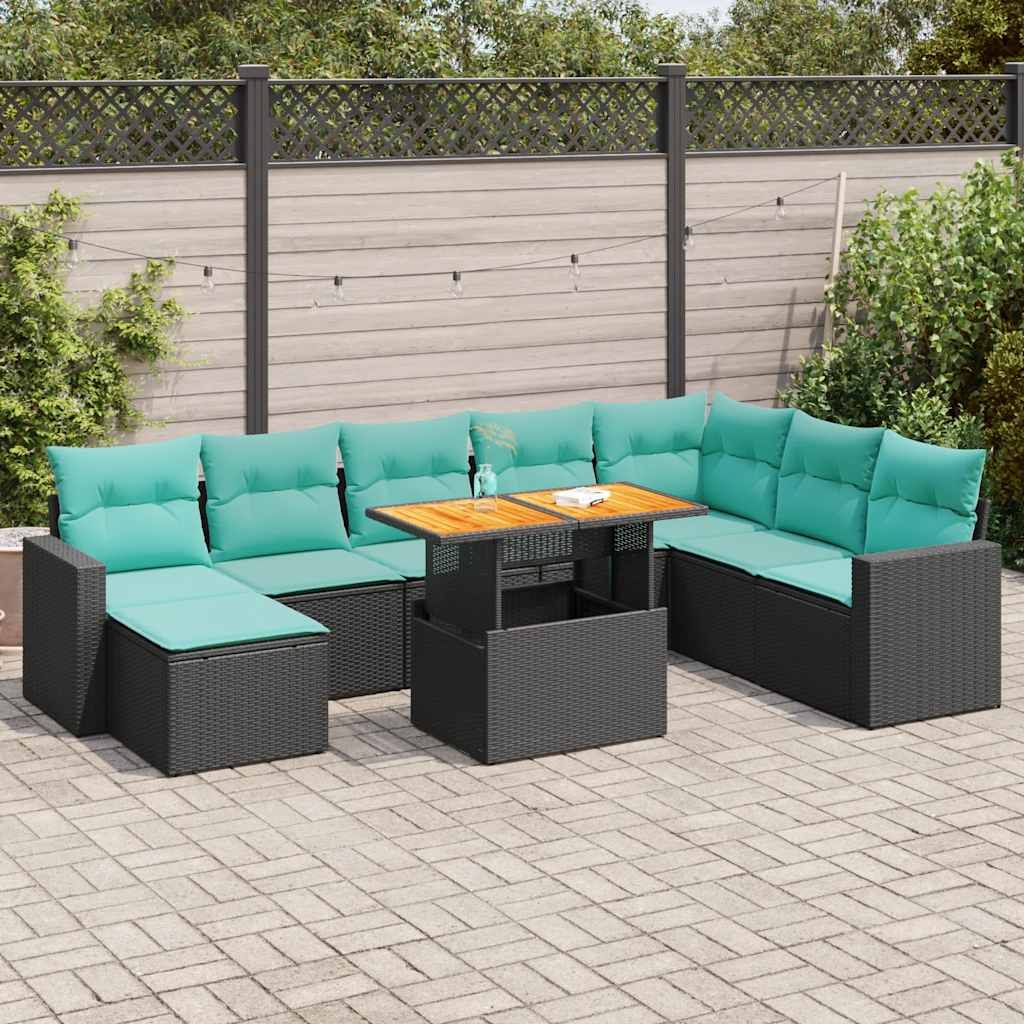 Set Divani da Giardino 9 pz con Cuscini Nero in Polyrattan vidaXL