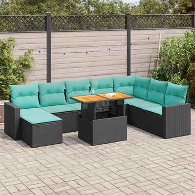 Set Divani da Giardino 9 pz con Cuscini Nero in Polyrattan vidaXL