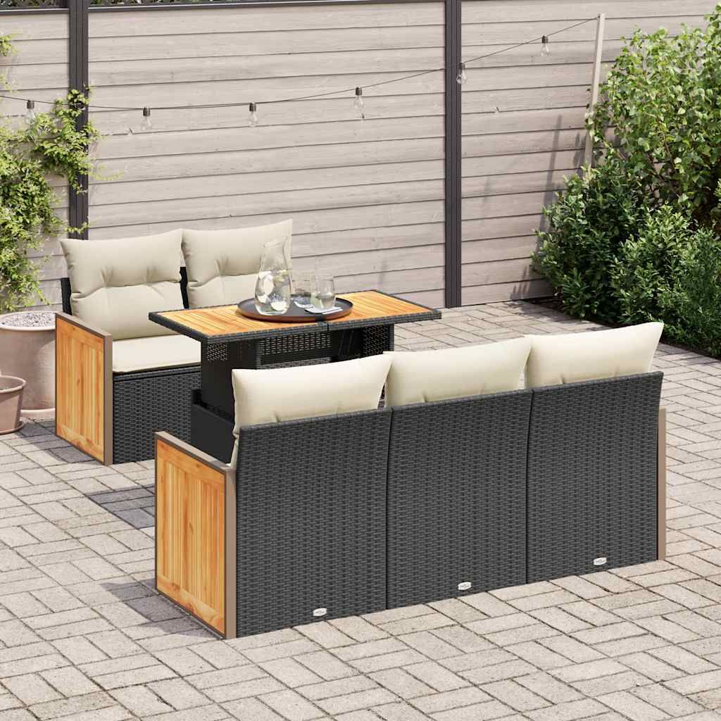 Set Divano da Giardino 6 pz con Cuscini Nero Polyrattan Acacia vidaXL
