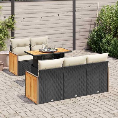 Set Divano da Giardino 6 pz con Cuscini Nero Polyrattan Acacia vidaXL