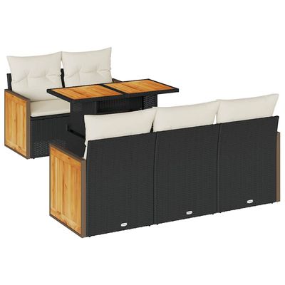 Set Divano da Giardino 6 pz con Cuscini Nero Polyrattan Acacia vidaXL