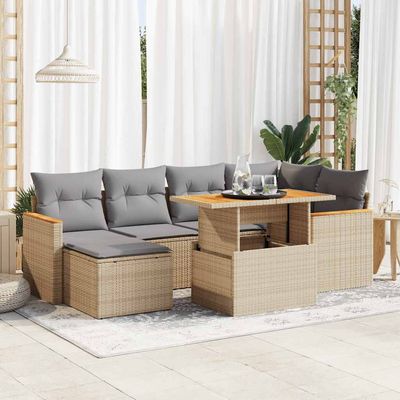 Set Divani da Giardino 7 pz con Cuscini Beige Polyrattan Acacia vidaXL