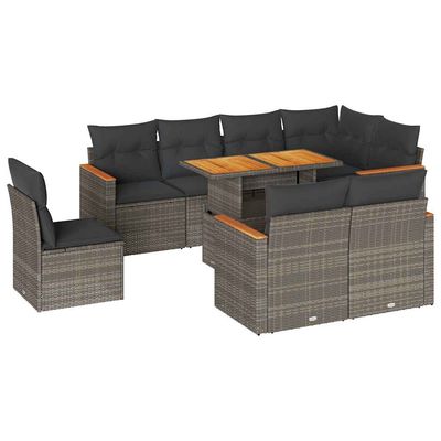 Set Divano da Giardino 9pz con Cuscini Grigio Polyrattan Acacia vidaXL