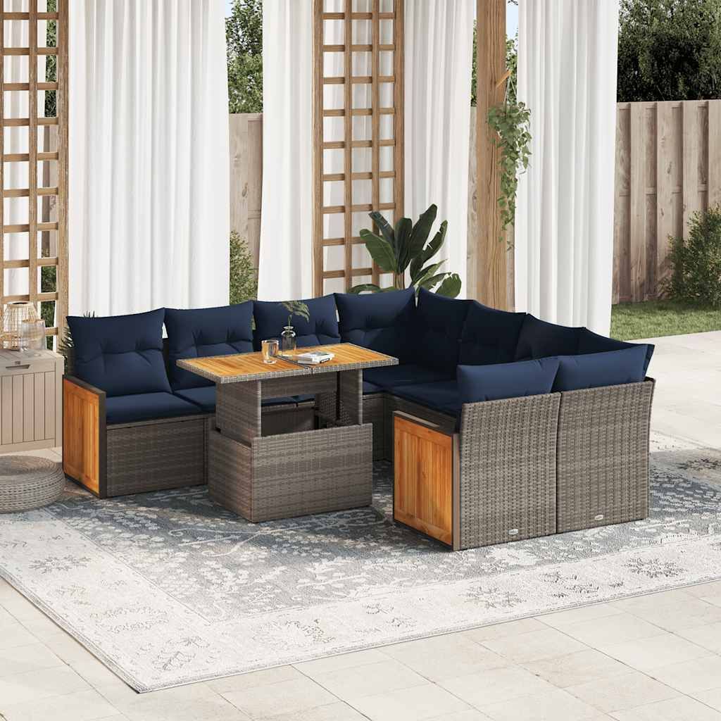 Set Divano da Giardino 9pz con Cuscini Grigio Polyrattan Acacia vidaXL