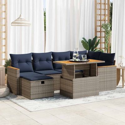 Set Divani da Giardino con Cuscini 7pz Grigio Polyrattan Acacia vidaXL