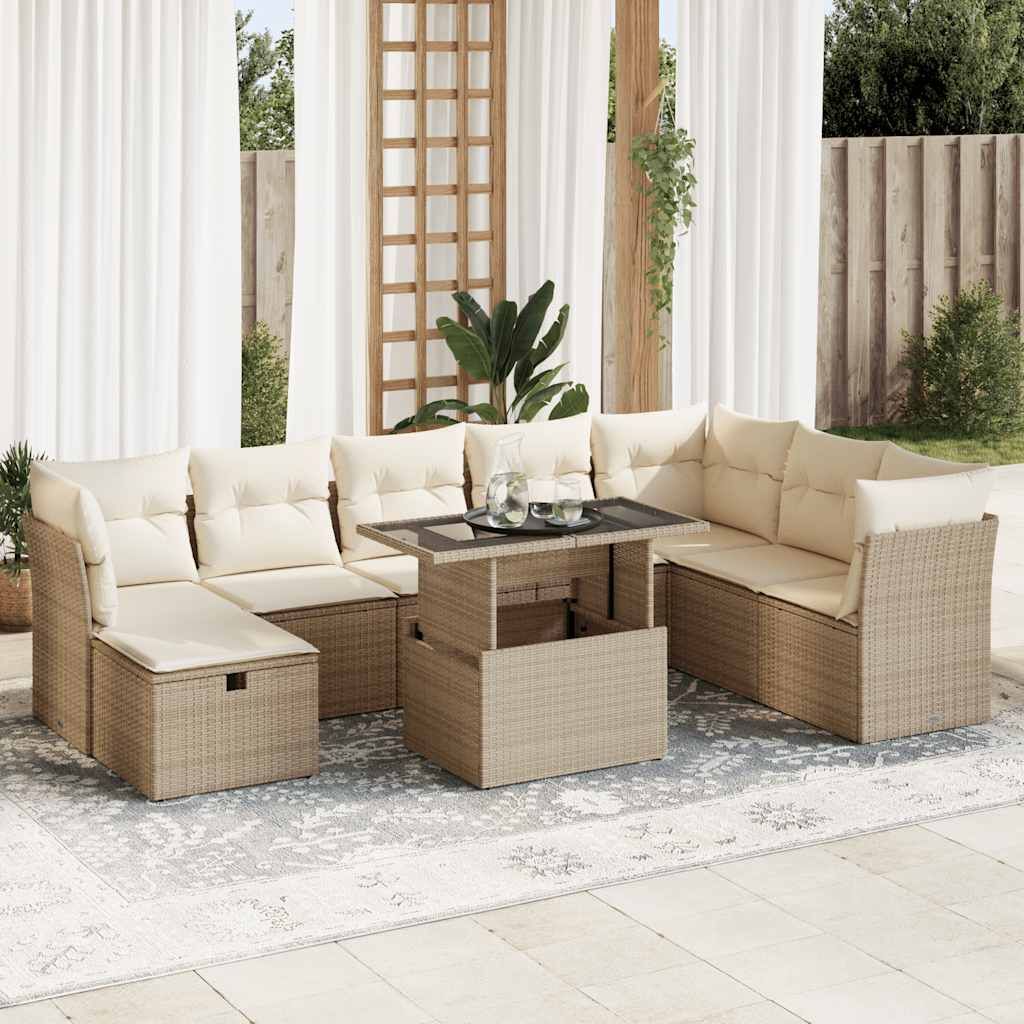 Set Divano da Giardino 9 pz con Cuscini Beige in Polyrattan vidaXL