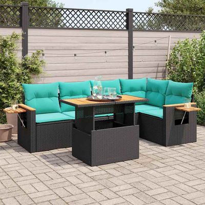 Set Divano da Giardino 6 pz con Cuscini Nero Polyrattan Acacia vidaXL