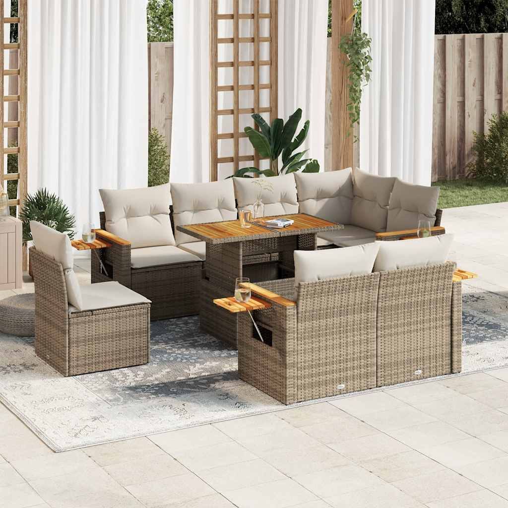 Set Divano da Giardino 9 pz con Cuscini Beige Polyrattan Acacia vidaXL