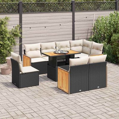 Set Divani da Giardino 9 pz con Cuscini Nero Polyrattan Acacia vidaXL