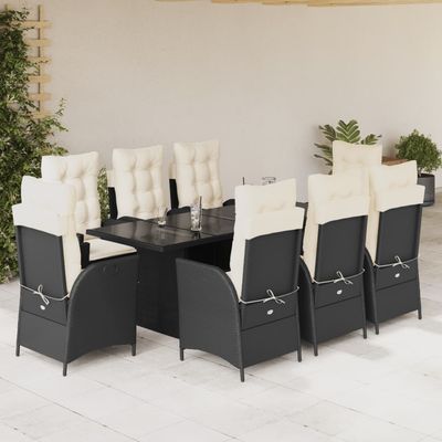 Set da Pranzo da Giardino 9 pz con Cuscini Nero in Polyrattan vidaXL