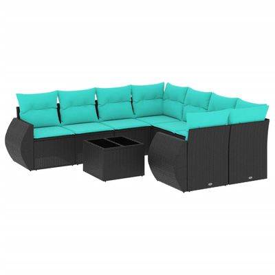Set Divani da Giardino 9 pz con Cuscini Nero in Polyrattan vidaXL