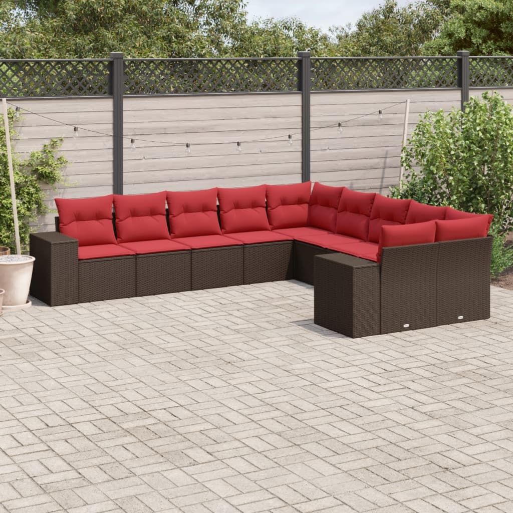 Set Divani da Giardino 10 pz con Cuscini Marrone in Polyrattan vidaXL
