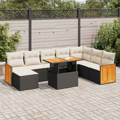 Set Divani da Giardino 9 pz con Cuscini Nero Polyrattan Acacia vidaXL