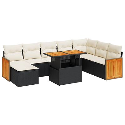 Set Divani da Giardino 9 pz con Cuscini Nero Polyrattan Acacia vidaXL