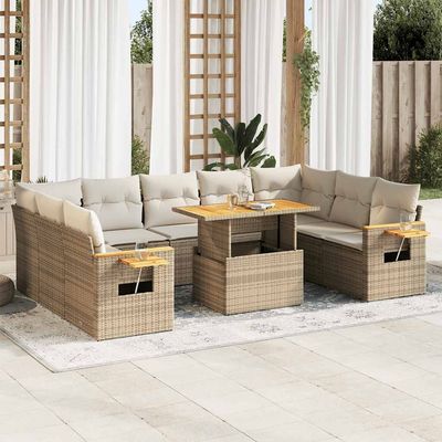 Divano da Giardino 10 pz con Cuscini Beige in Polyrattan Acacia vidaXL