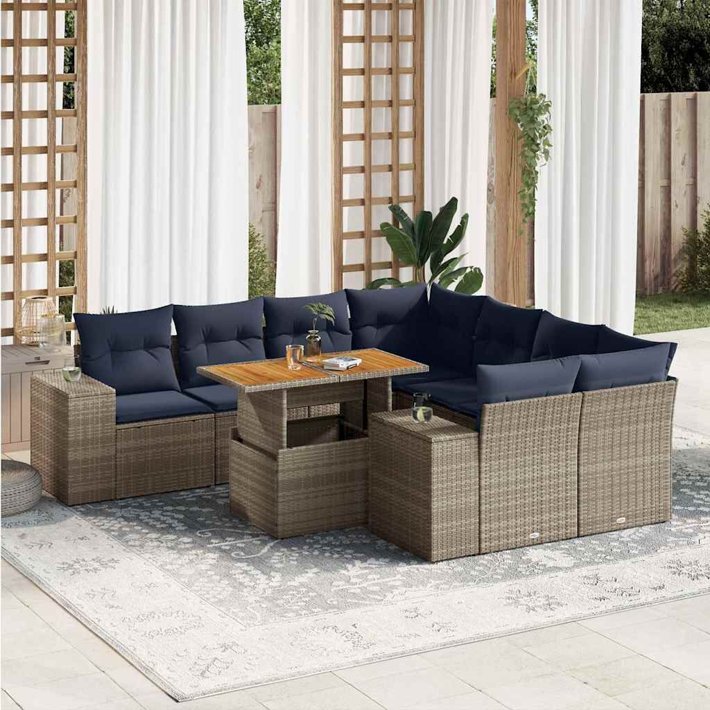 Set Divano da Giardino 9 pz con Cuscini Grigio in Polyrattan vidaXL