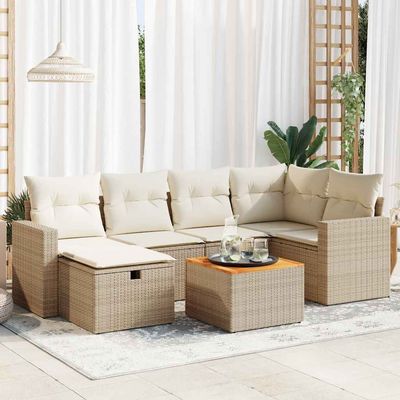Set Divani da Giardino 7 pz con Cuscini Beige in Polyrattan vidaXL