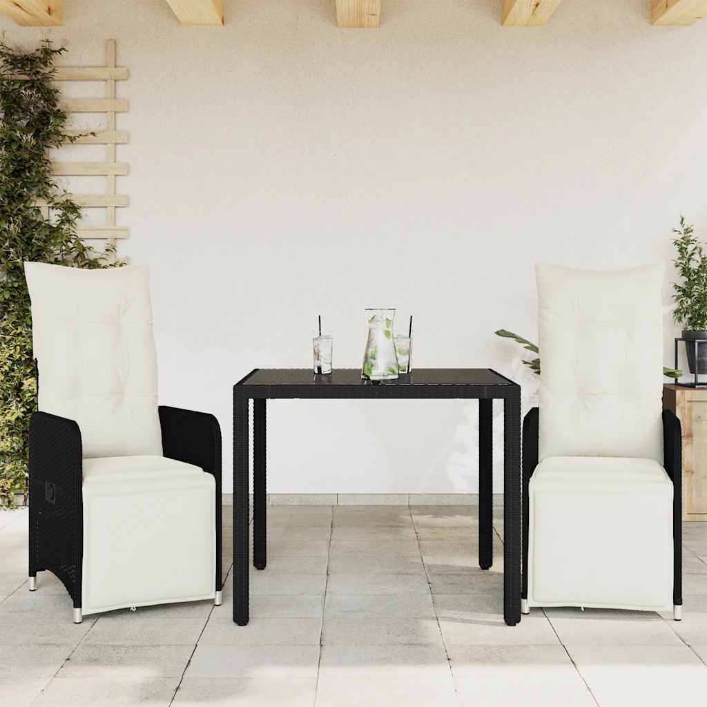 Set Bistrò da Giardino 3 pz con Cuscini in Polyrattan Nero vidaXL
