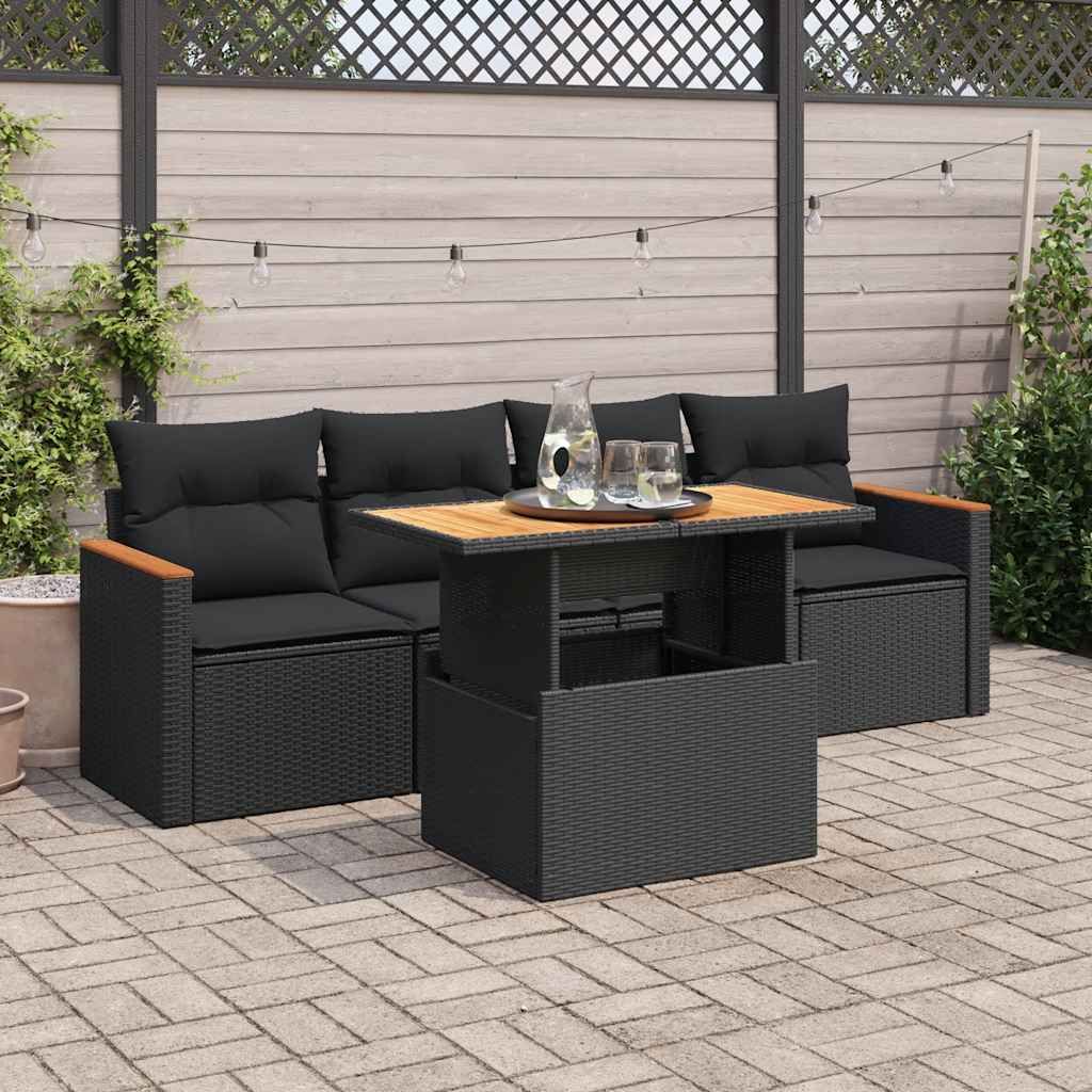 Set Divani da Giardino 5 pz con Cuscini Nero Polyrattan Acacia vidaXL